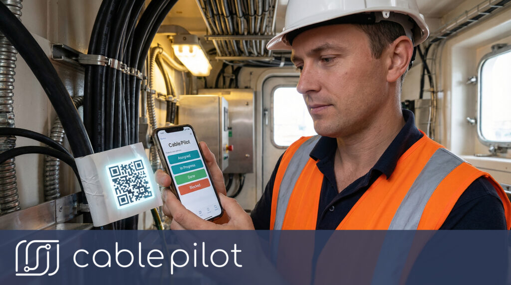 Cable Pilot smartphone app showing mobile-first workflow for cable installation, where field crews update cable status via QR-code scanning and trigger instant dashboard updates for real-time visibility.