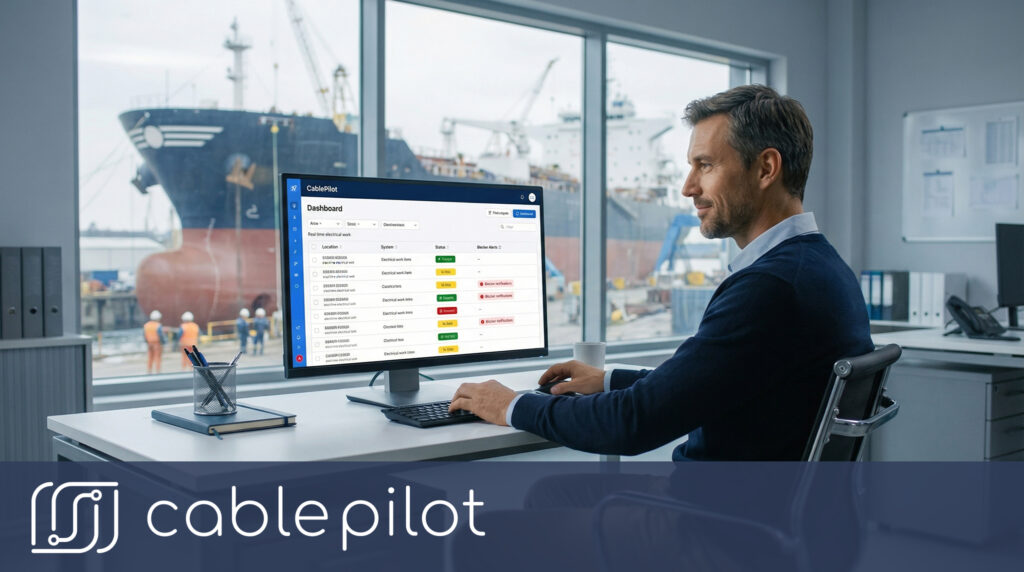 Cable Pilot real-time dashboard updates for electrical installation in shipbuilding, visualizing field crews’ cable installation progress, blockers, and blocker resolution to eliminate information lag.