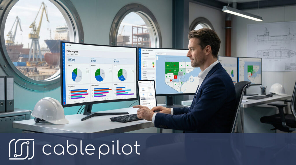 Installation teams using Cable Pilot mobile app to access cable list and test records from single source of truth for shipyard electrical cable objects management