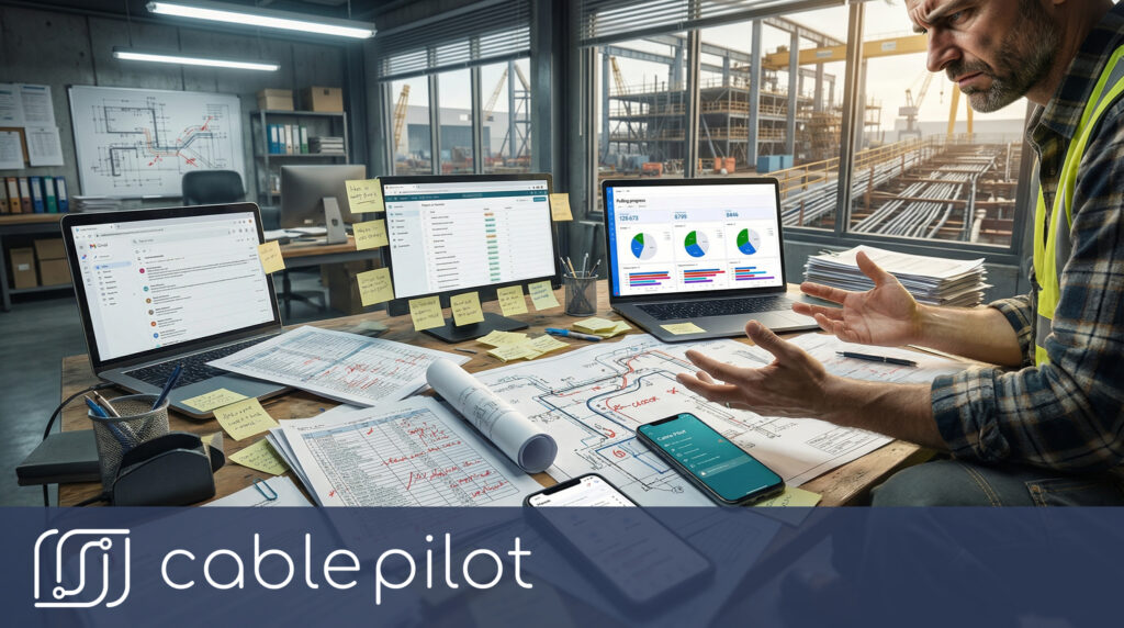 Shipyard supervisor facing data silos with cluttered paper spreadsheets and conflicting documents, highlighting the need for data silos elimination in electrical installation management.