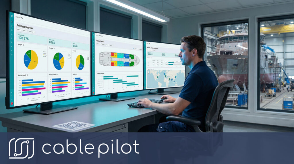 A project manager utilizing Cable Pilot’s digital twin platform as a single source of truth for real-time coordination of shipboard electrical installations.