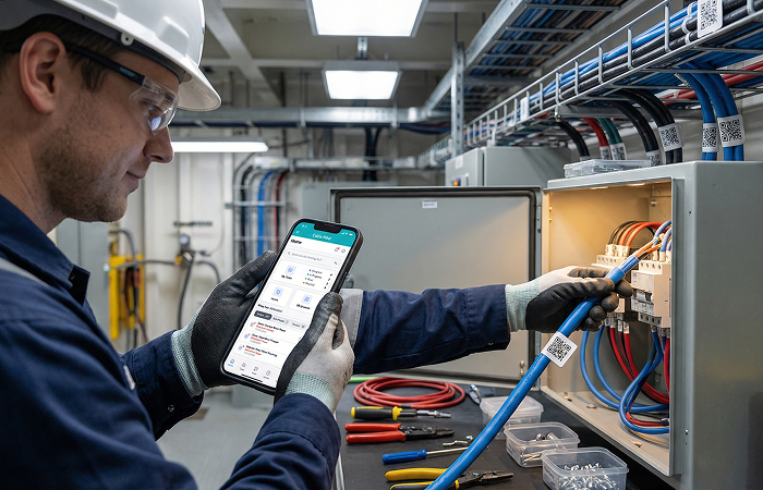 Shipyard electrician using Cable Pilot mobile app for installation error prevention and real-time quality gates during cable termination via dependency workflow logic.