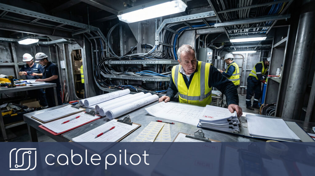 Disorganized shipyard paper documentation and non-conformance reports highlighting the need for proactive quality enforcement and rework cost reduction in electrical installations.