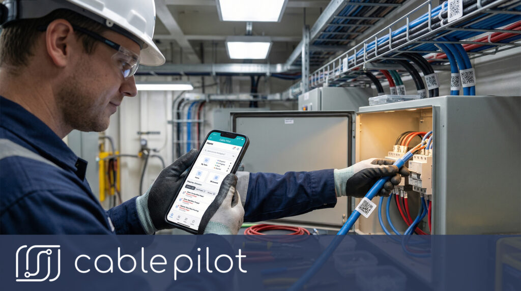 Shipyard electrician using Cable Pilot mobile app for installation error prevention and real-time quality gates during cable termination via dependency workflow logic.