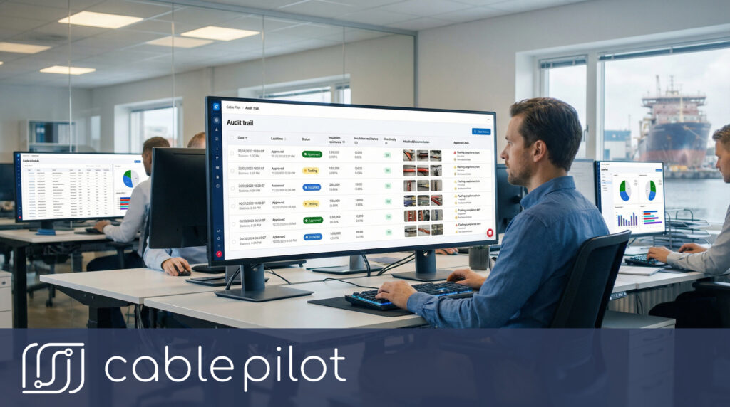 Electrical engineer reviewing audit trail documentation and automated compliance rules on the Cable Pilot dashboard to ensure commissioning handover acceleration.