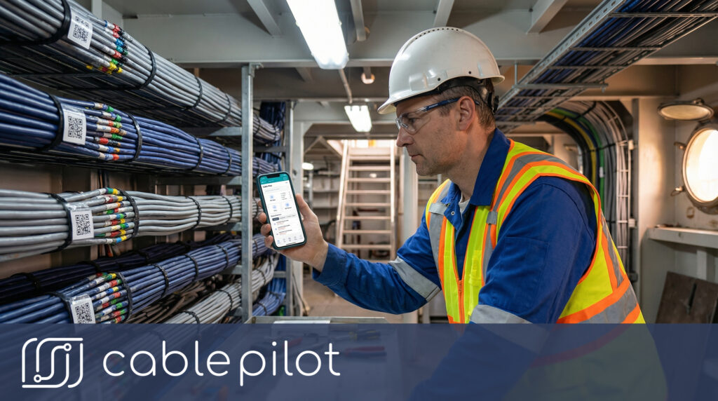 A shipyard supervisor gaining real-time visibility into cable installations using a mobile cable traceability system to track electrical assets via QR code scanning.
