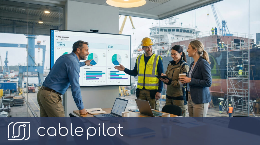 Stakeholders collaborating in a shipyard command center using shared data to maintain an immutable audit trail and ensure quality compliance tracking for electrical installations.