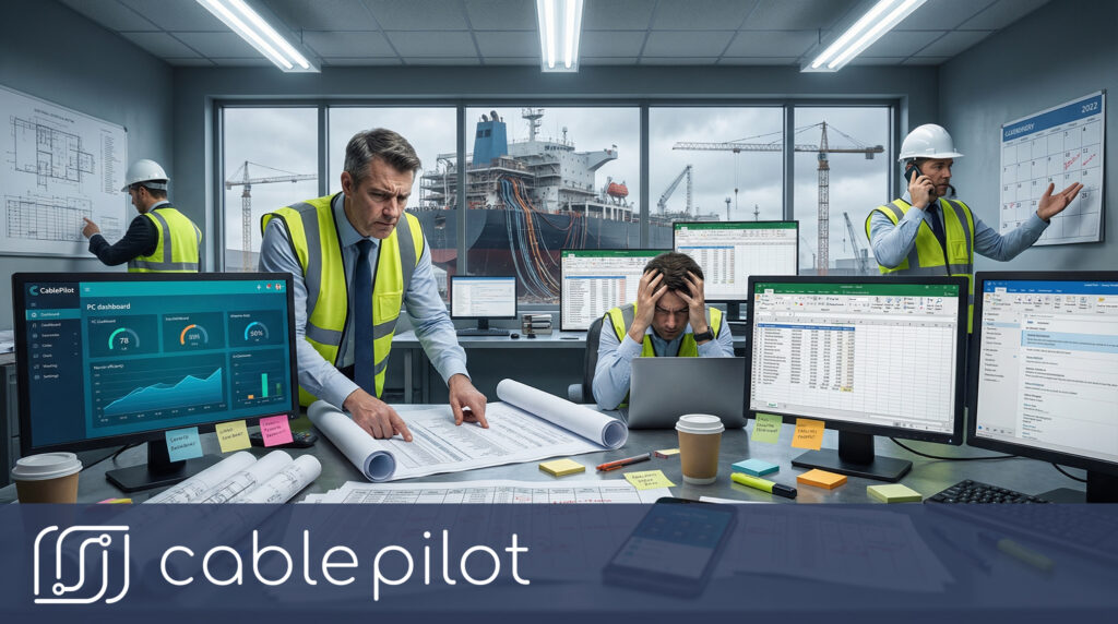 Shipyard project managers struggling with fragmented data and paper spreadsheets in a coordination room, illustrating the need for data transparency and bottleneck detection in electrical installations.
