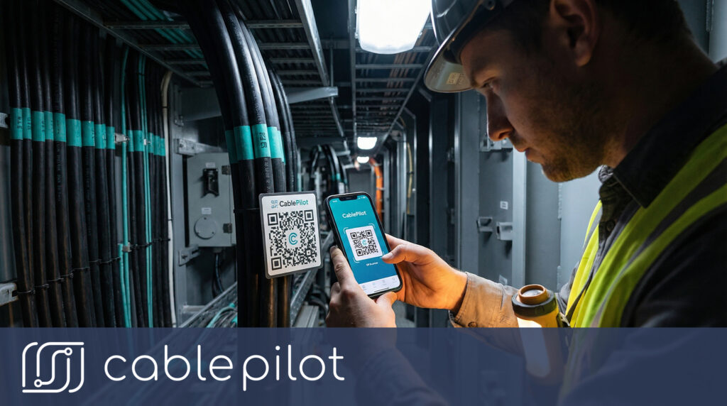 A shipyard technician scanning a cable QR code with a smartphone to provide real-time cable progress monitoring and instant installation visibility on a vessel.