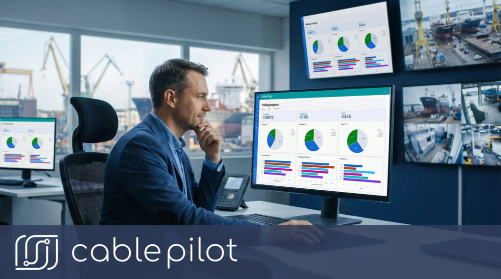 Project manager using real-time dashboards with color-coded progress charts for workflow optimization and monitoring electrical installation status across different vessel areas.
