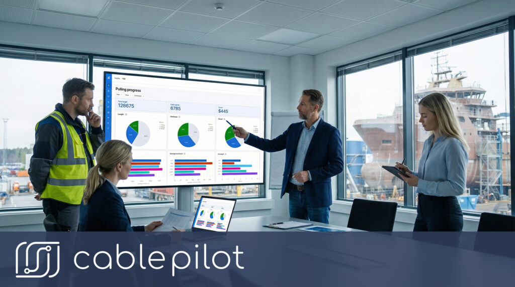 Shipyard stakeholders and supervisors gathered for project coordination, reviewing shared real-time dashboards to evaluate contractor performance and schedule compliance.