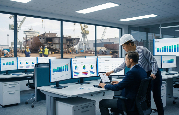 Real-time dashboards in a shipyard control room providing project visibility and data integration for complex shipbuilding monitoring.