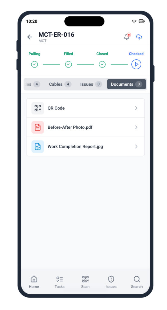 Smartphone application showing list of attachments and photographic evidence of sealing the penetration