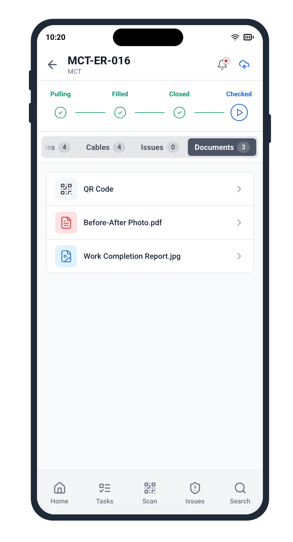 Mobile drawing access — asset detail screen showing documents tab with linked drawings, QR code, and work completion record