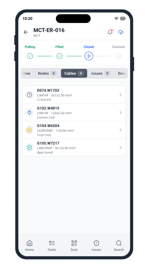 Smartphone application showing transit tracking workflow and cables running through penetration