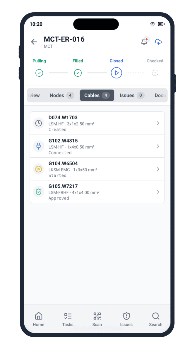 Cable Pilot mobile route MCT-ER-016 with 4 cables at mixed cable status gate workflow stages on field