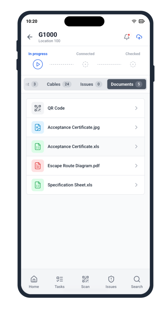 Cable Pilot Mobile Application Showing List of Technical Documentation for electrical equipment tracking