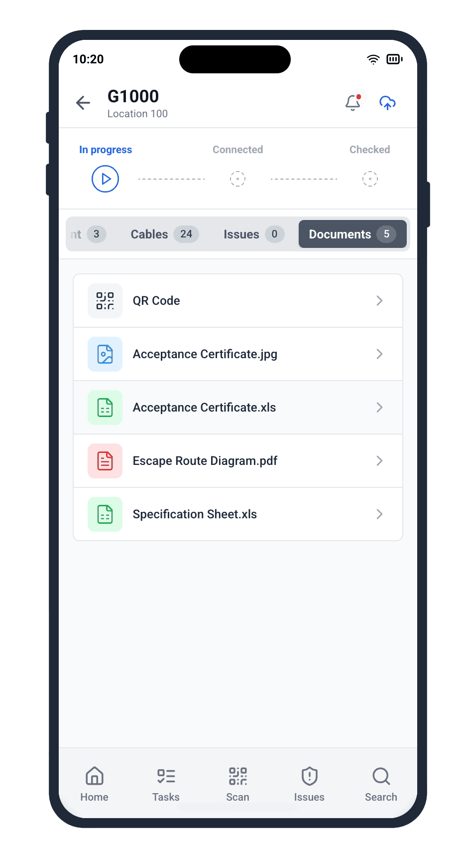 Cable Pilot Mobile Application Showing List of Technical Documentation for electrical equipment tracking