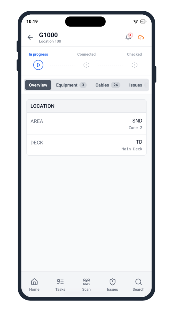 Electrician using QR code reporting on the Cable Pilot mobile app for offline cable installation tracking inside a ship hull