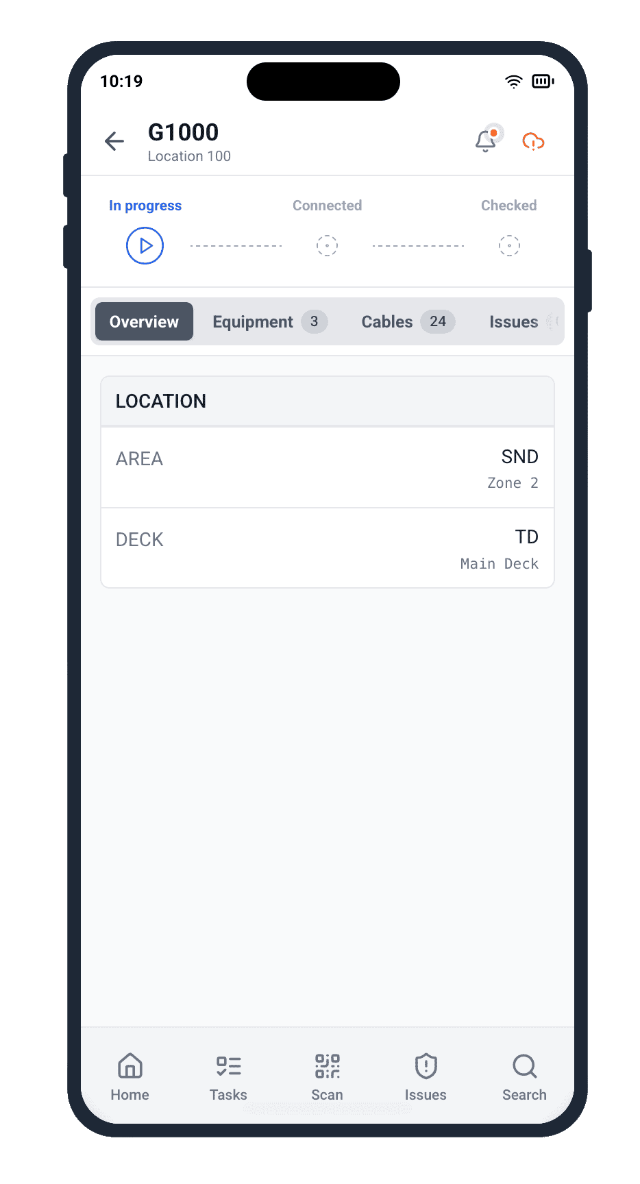 Offline mobile drawing access — electrician using QR code scanning inside a ship hull with pre-cached linked indexed drawings