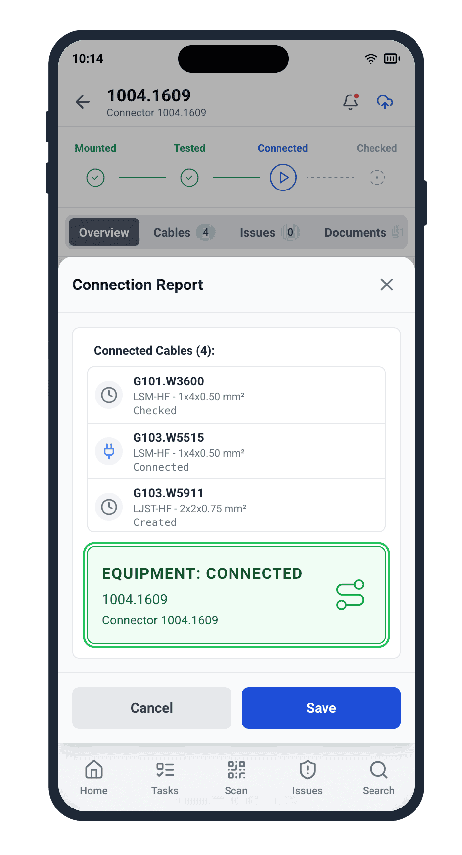 1-click reporting app confirming cable termination status for Side A and Side B during electrical installation stages on a vessel