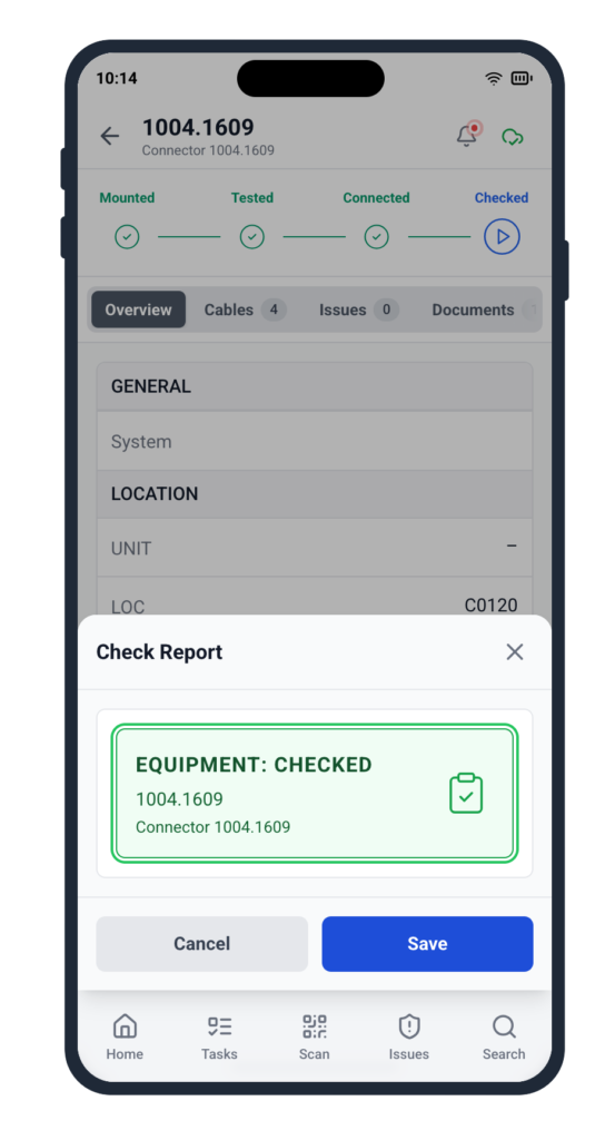 Quality inspector using QR code scanning in Cable Pilot to review cable installation history and approve shipbuilding progress tracking records