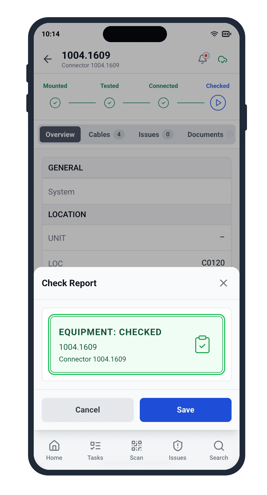 As-built drawing workflow — quality inspector using QR code scanning to review linked indexed drawings and approve cable installation records