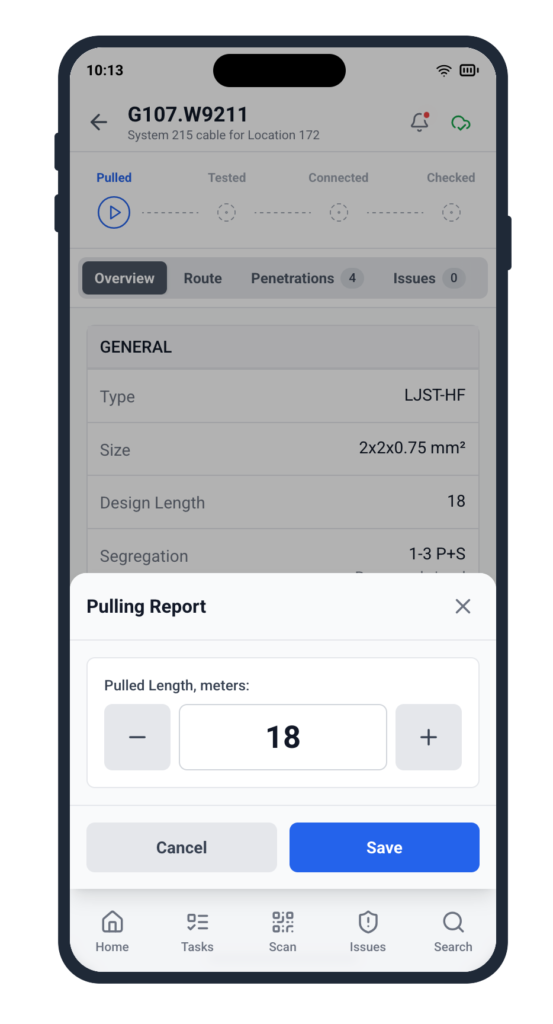 Cable lifecycle management diagram showing electrical installation stages tracked via QR code scanning and offline mobile application