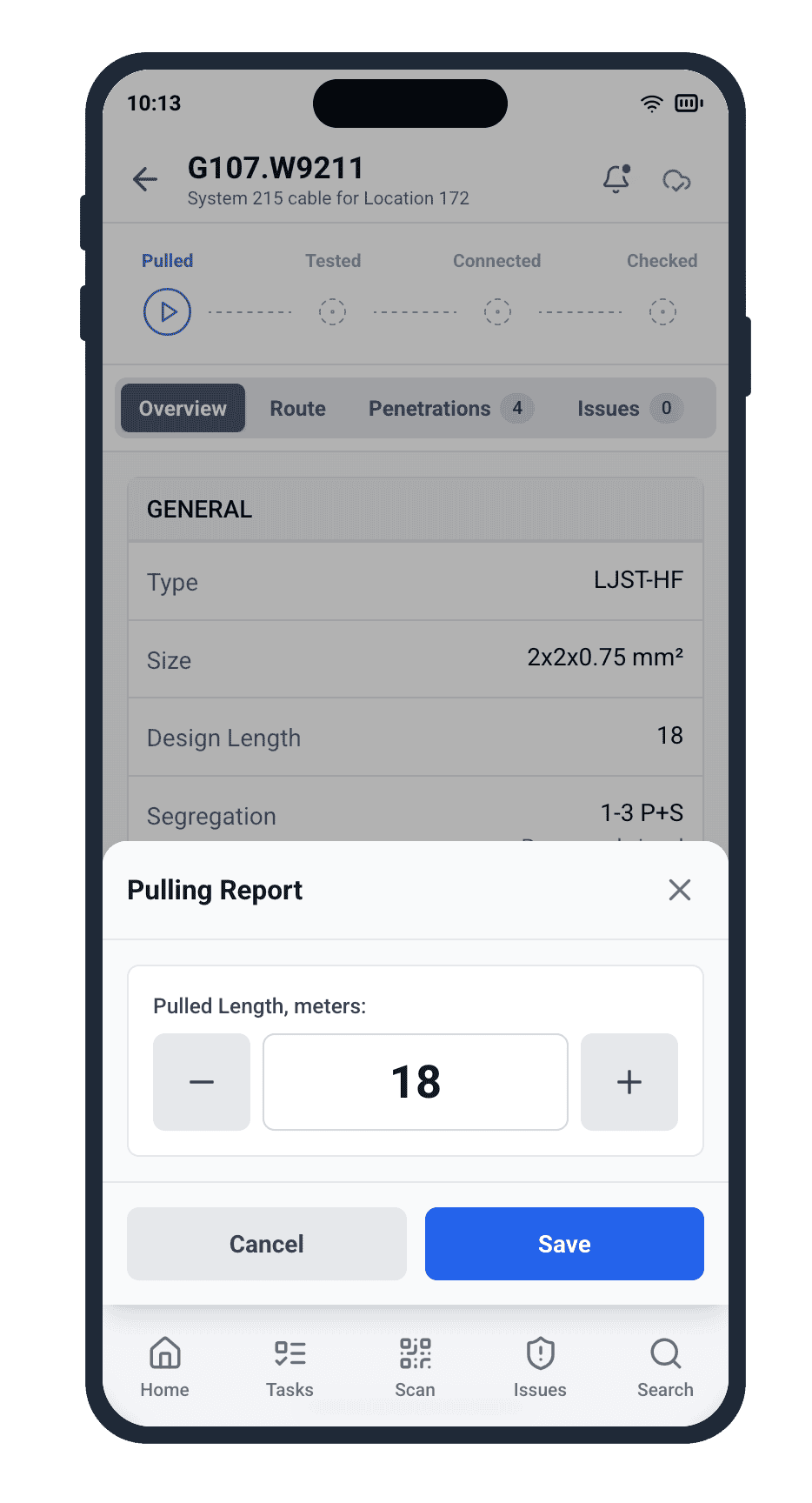 Cable lifecycle management diagram showing electrical installation stages tracked via QR code scanning and offline mobile application
