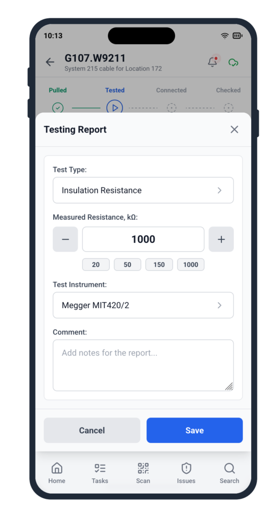 Offline mobile application screen for logging insulation resistance test data during cable lifecycle management in shipbuilding