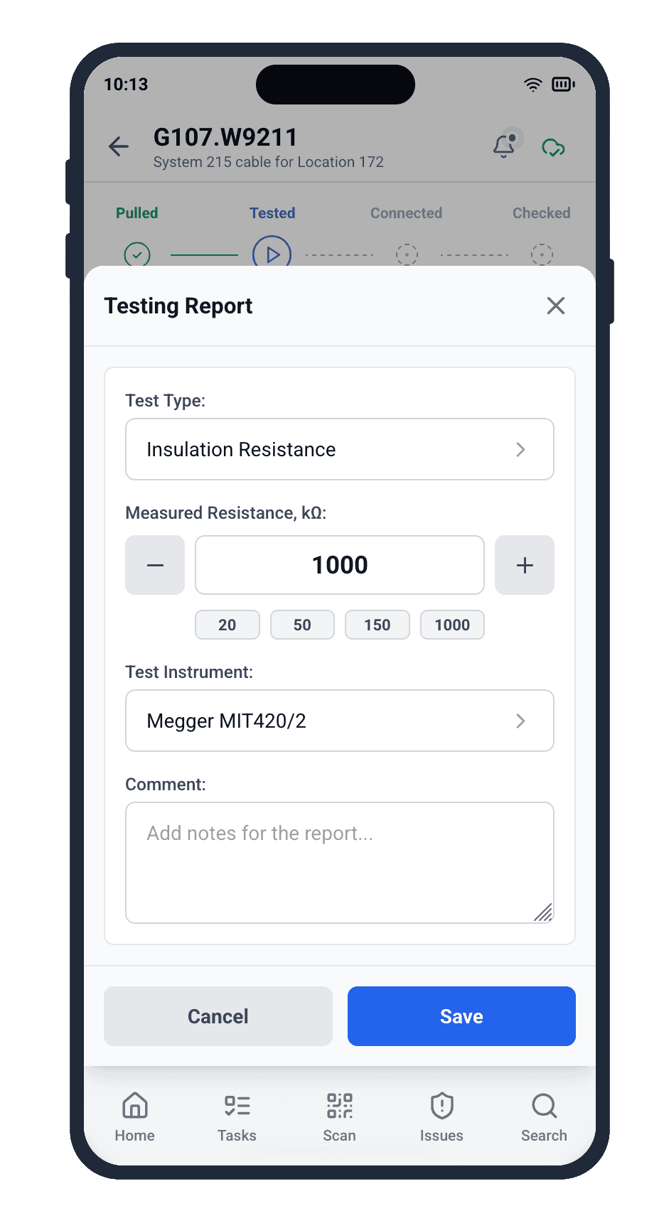 Offline mobile application screen for logging insulation resistance test data during cable lifecycle management in shipbuilding