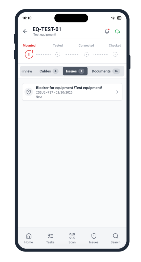 Cable Pilot mobile app showing equipment detail with Issues tab selected, displaying blocker ISSUE-717 in New status