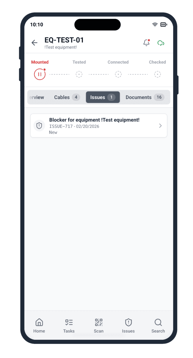Cable Pilot mobile app showing equipment detail with Issues tab selected, displaying blocker ISSUE-717 in New status