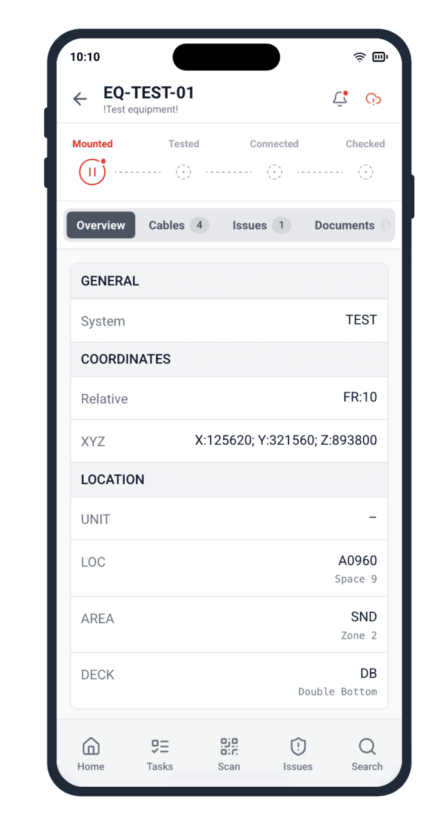 Shipyard equipment installation lifecycle system classification view showing XYZ coordinates and vessel location hierarchy for blocked equipment