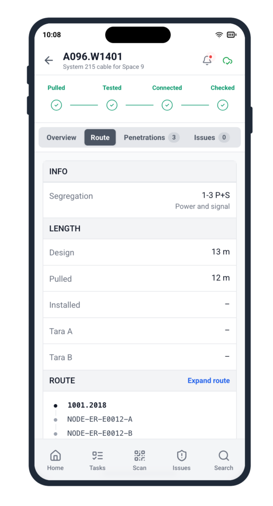 Cable lifecycle management overview tab in the Cable Pilot mobile app platform displaying technical specs and connection points for field data collection