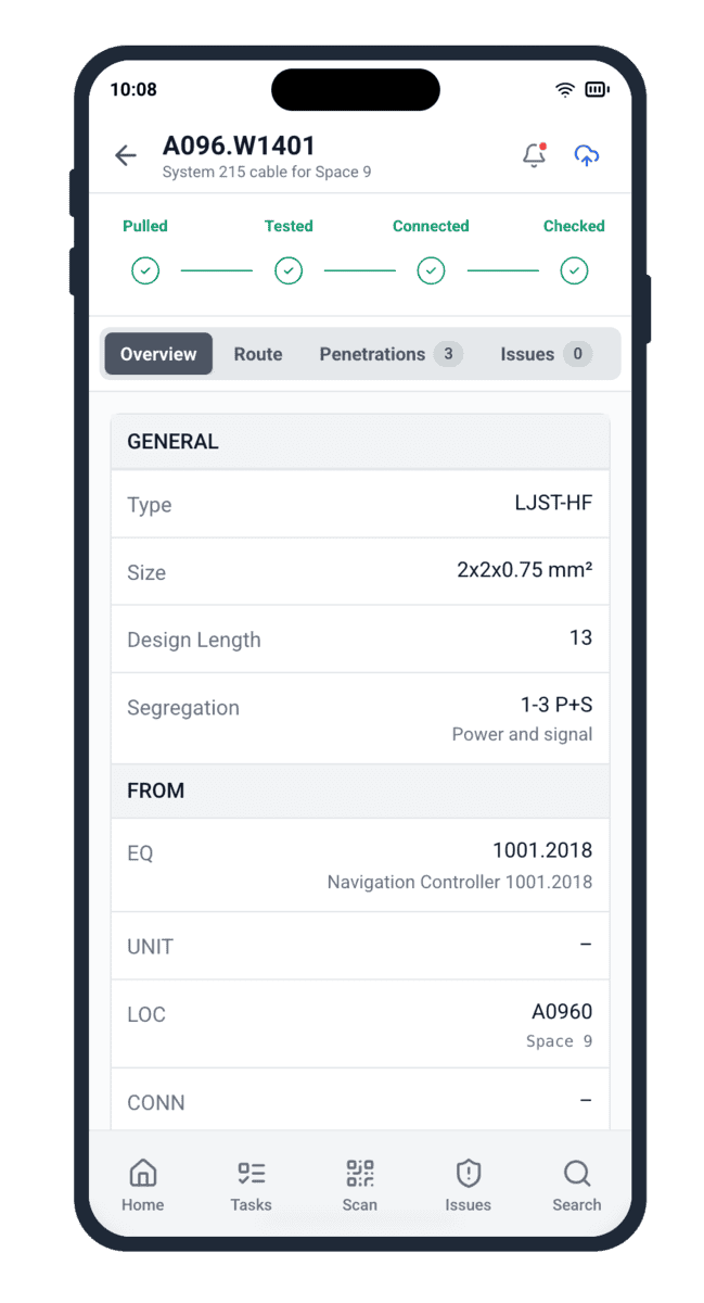 Cable Pilot mobile app cable A096.W1401 with all 4 cable status gate workflow stages complete in shipbuilding