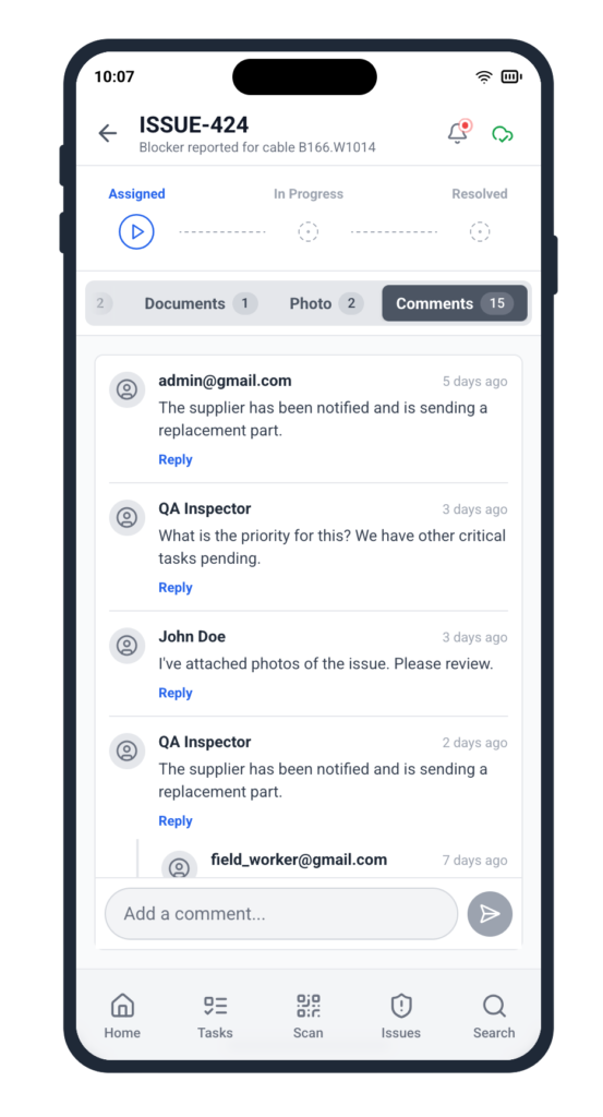 Cable Pilot mobile app showing issue ISSUE-424 Comments tab with threaded conversation between field workers, QA inspector, and admin