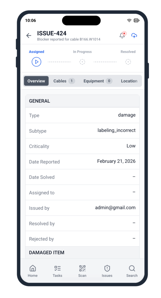 Cable Pilot mobile app showing issue ISSUE-424 Overview with type, subtype, criticality, and date fields for structured issue tracking
