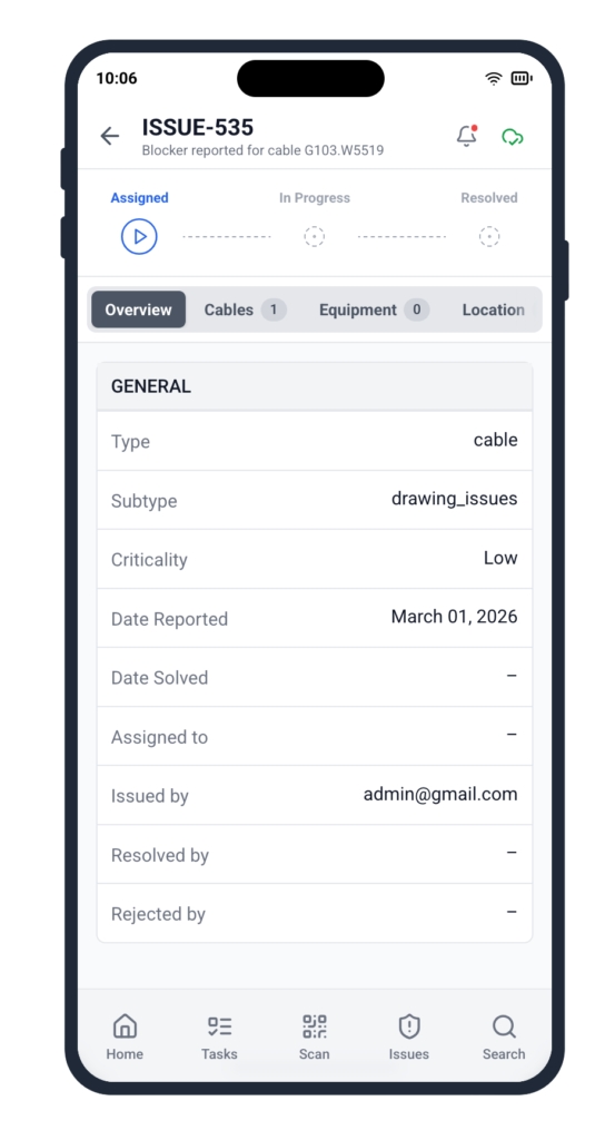 Cable Pilot mobile app blocker issue detail screen for ISSUE-535 showing type, subtype, criticality and date reported fields