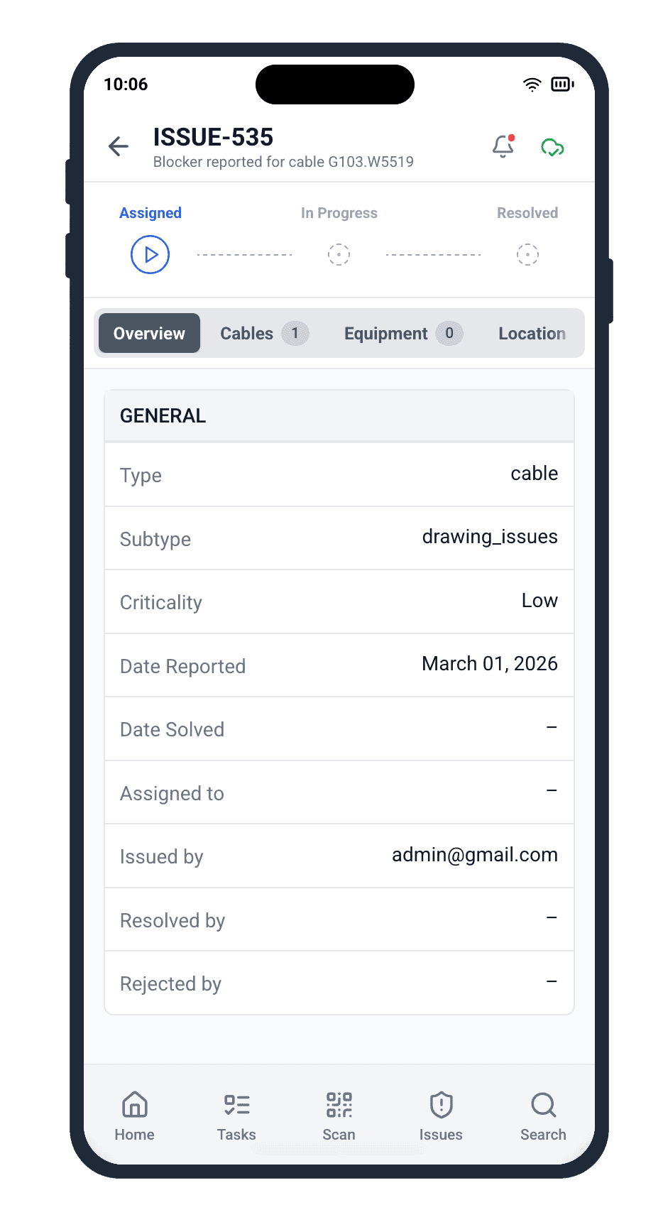 Cable Pilot mobile app blocker issue detail screen for ISSUE-535 showing type, subtype, criticality and date reported fields