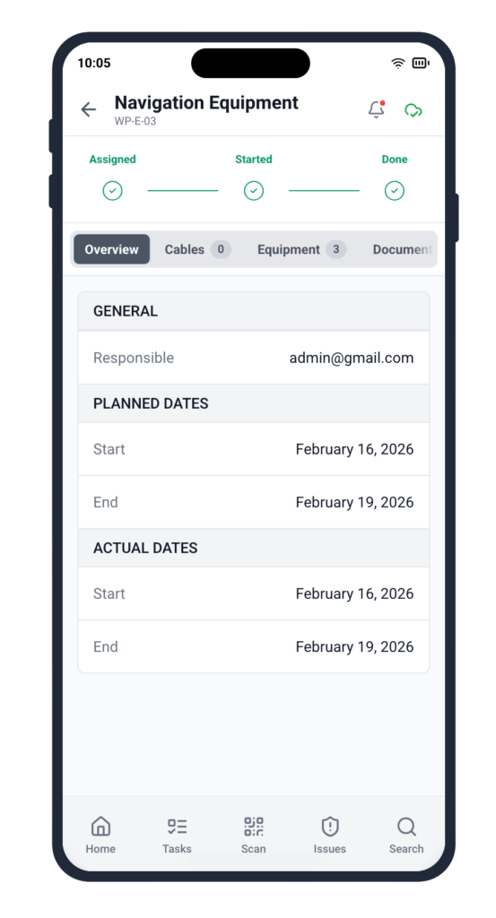 Cable Pilot mobile app work package detail for Navigation Equipment WP-E-03 showing all stages Assigned, Started and Done completed