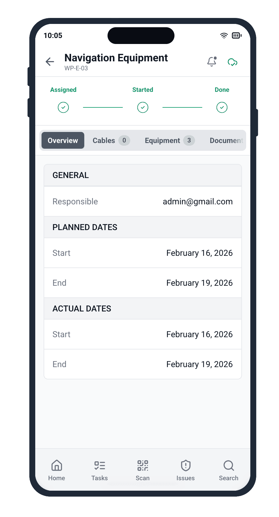 Cable Pilot mobile app work package detail for Navigation Equipment WP-E-03 showing all stages Assigned, Started and Done completed