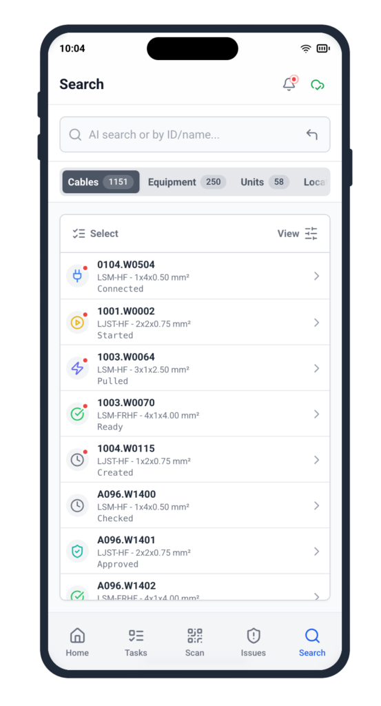 Cable Pilot offline mobile application home screen showing My Tasks, Issues, and real-time status updates for shipbuilding project management