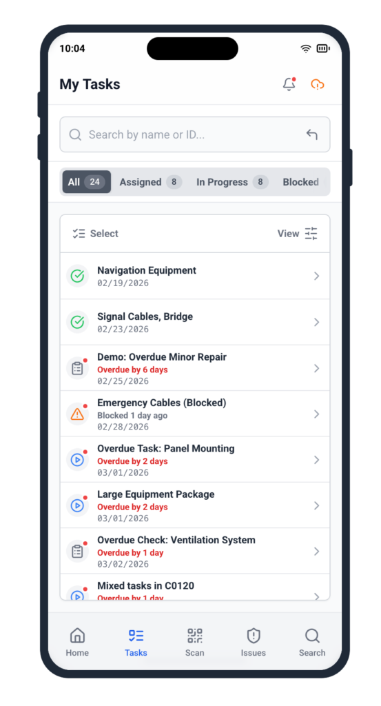 Cable Pilot mobile app My Tasks screen showing All, Assigned, In Progress, and Blocked filter tabs with 24 work packages