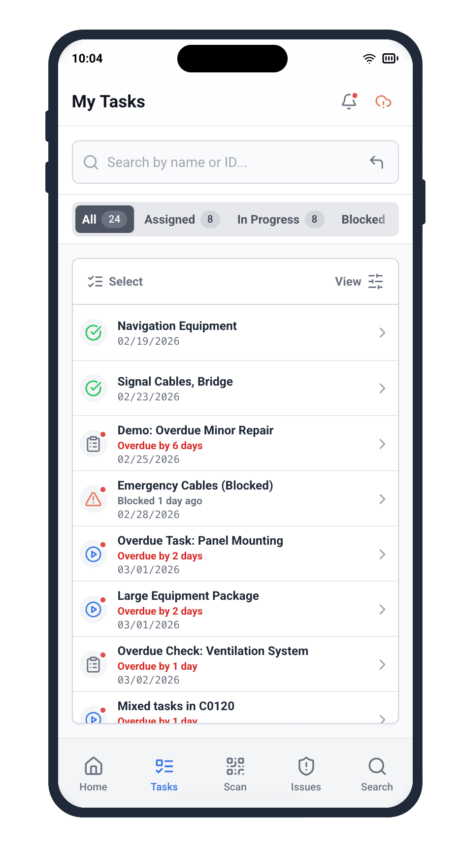 Cable Pilot mobile app My Tasks screen showing All, Assigned, In Progress, and Blocked filter tabs with 24 work packages