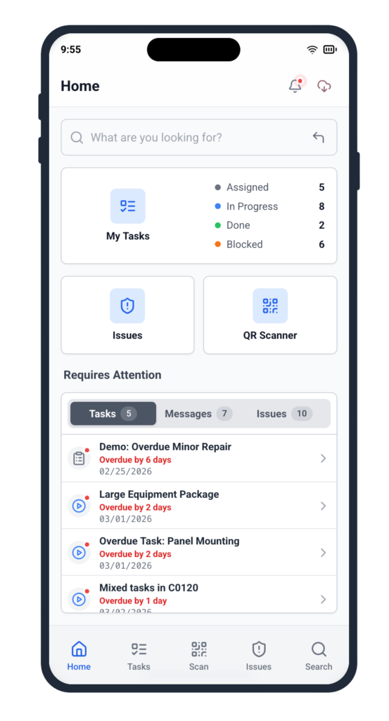 Cable Pilot mobile app home screen displaying My Tasks summary with 5 Assigned, 8 In Progress, 2 Done and 6 Blocked counts and QR Scanner tile