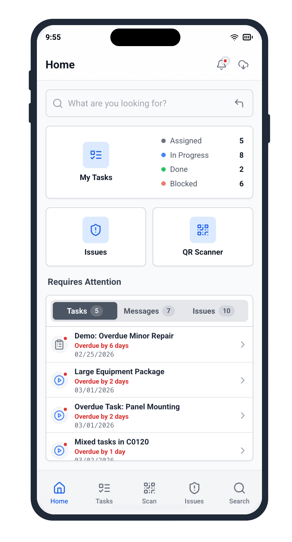 Cable Pilot mobile app home screen displaying My Tasks summary with 5 Assigned, 8 In Progress, 2 Done and 6 Blocked counts and QR Scanner tile