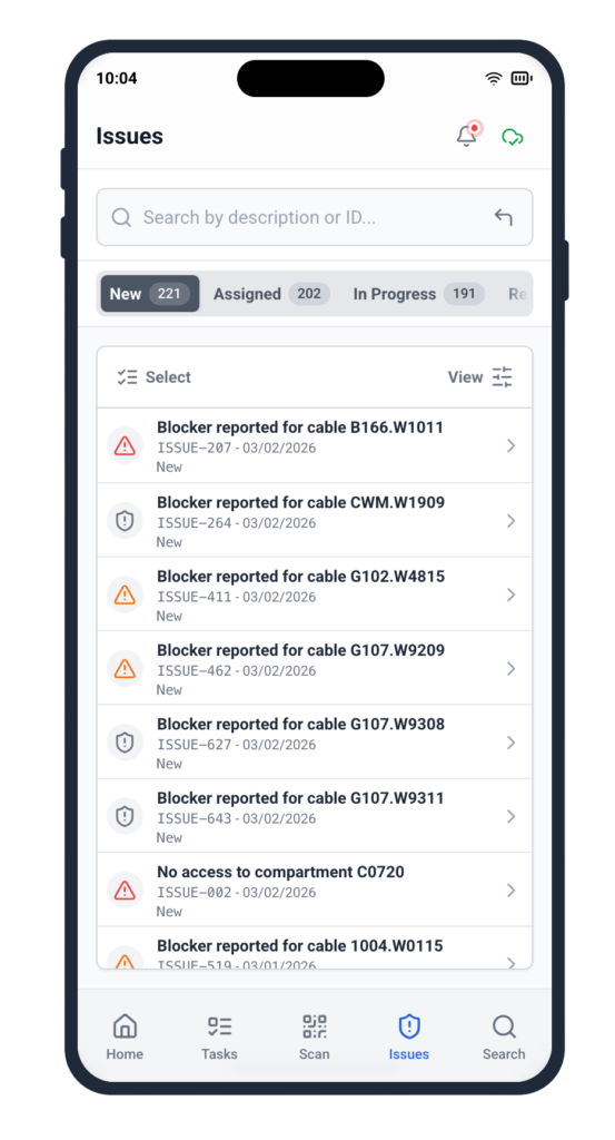 Resolve installation blockers modal in Cable Pilot mobile app platform enabling field crews to clear issues and trigger real-time status updates instantly