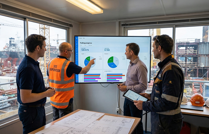 Project teams conducting multi-contractor coordination using automated drawing synchronization and real-time electrical visibility to prevent installation rework in shipbuilding.