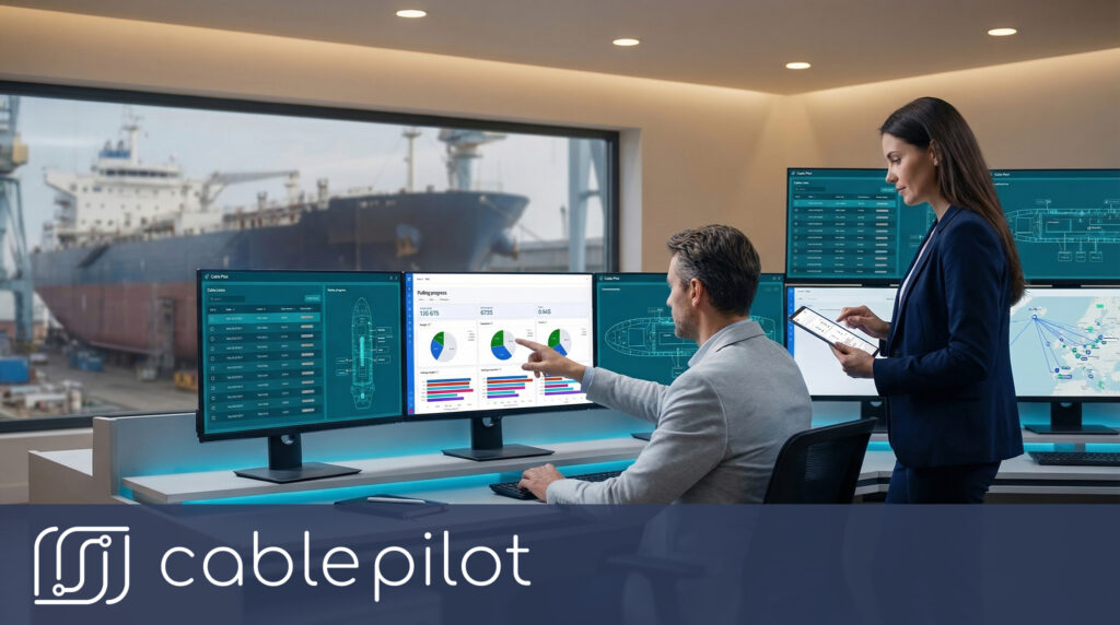 A centralized shipyard workstation displaying Cable Pilot’s digital twin asset management dashboard for real-time electrical visibility and a unified single source of truth.